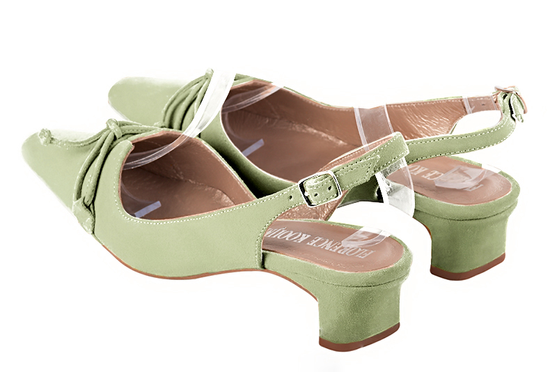 Meadow green women's open back shoes, with a knot. Tapered toe. Low kitten heels. Rear view - Florence KOOIJMAN